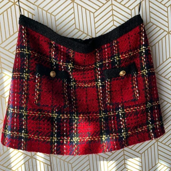 Red Zara Skirt mini tweed plaid - Picture 3 of 10
